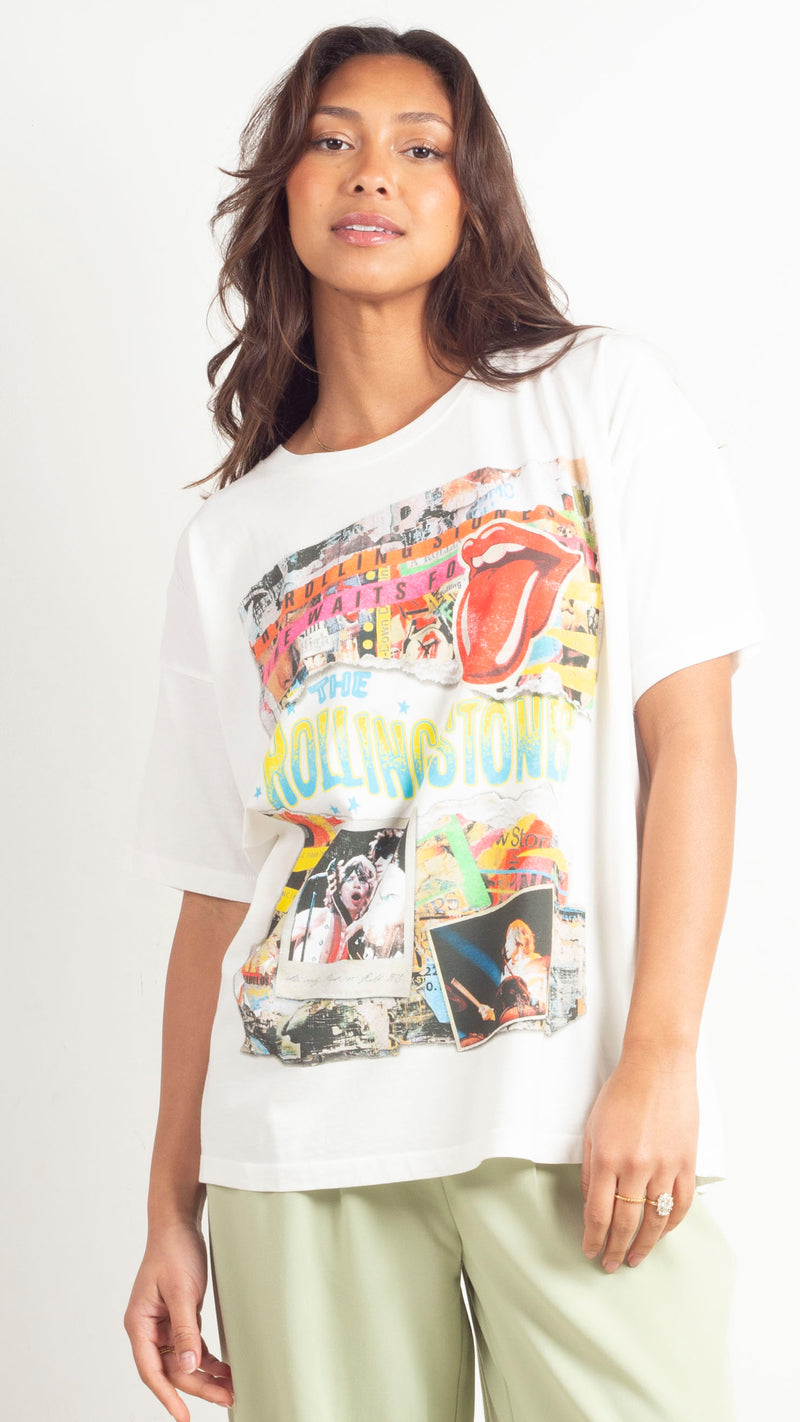 Rolling Stones Time Waits for No One Merch Tee - Vintage White
