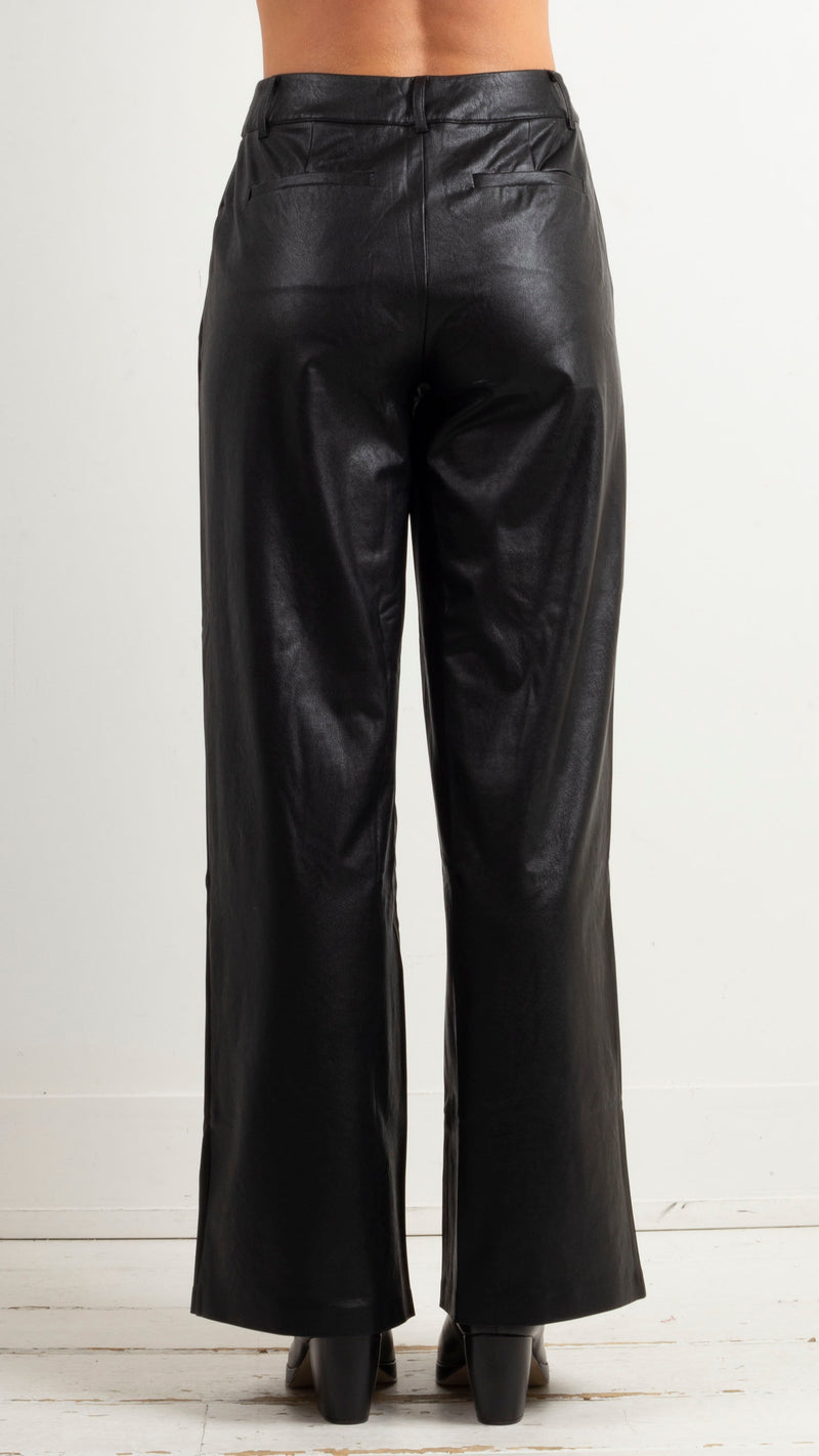 Faux Leather Wide Leg Trouser - Black