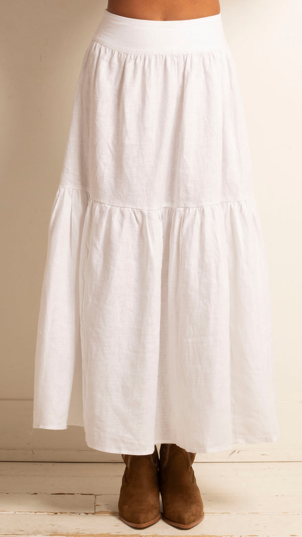 Summer Linen Tiered Maxi Skirt - White