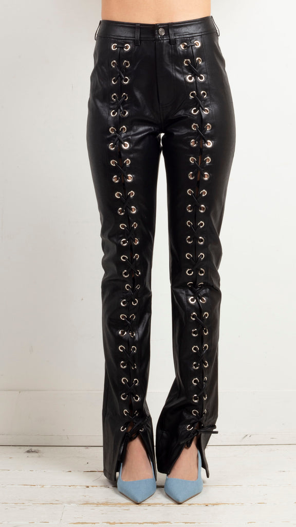 Sylis Lace-Up Faux Leather Pants - Black - $44