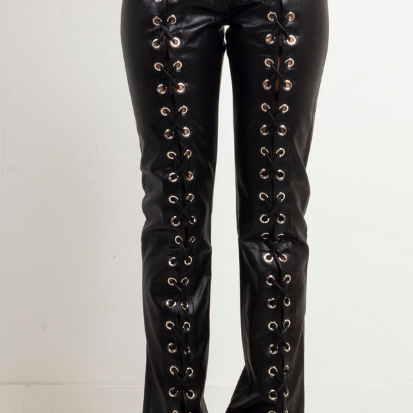 Black VENNY Lace Up Leather Flared Pants