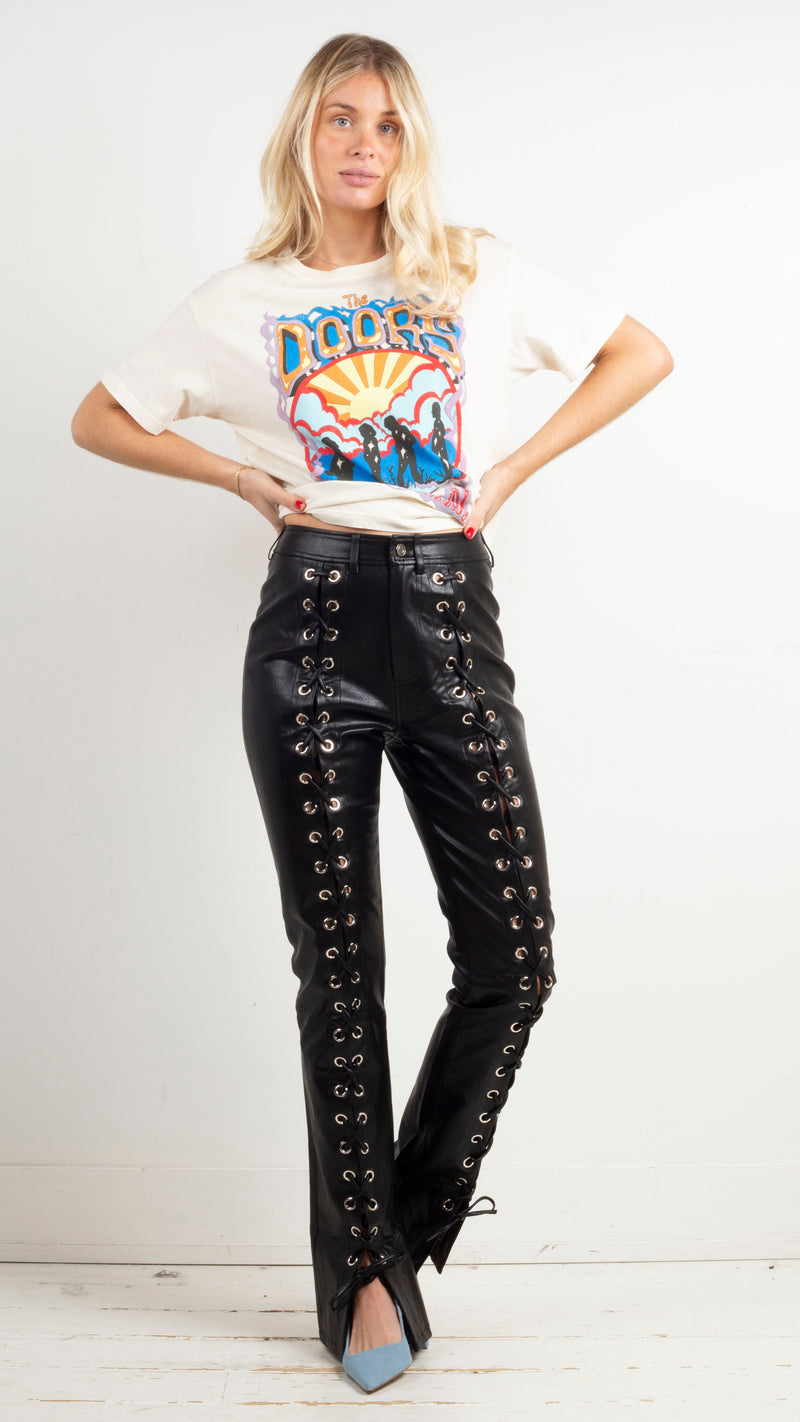 High Waisted Lace Up Faux Leather Pants