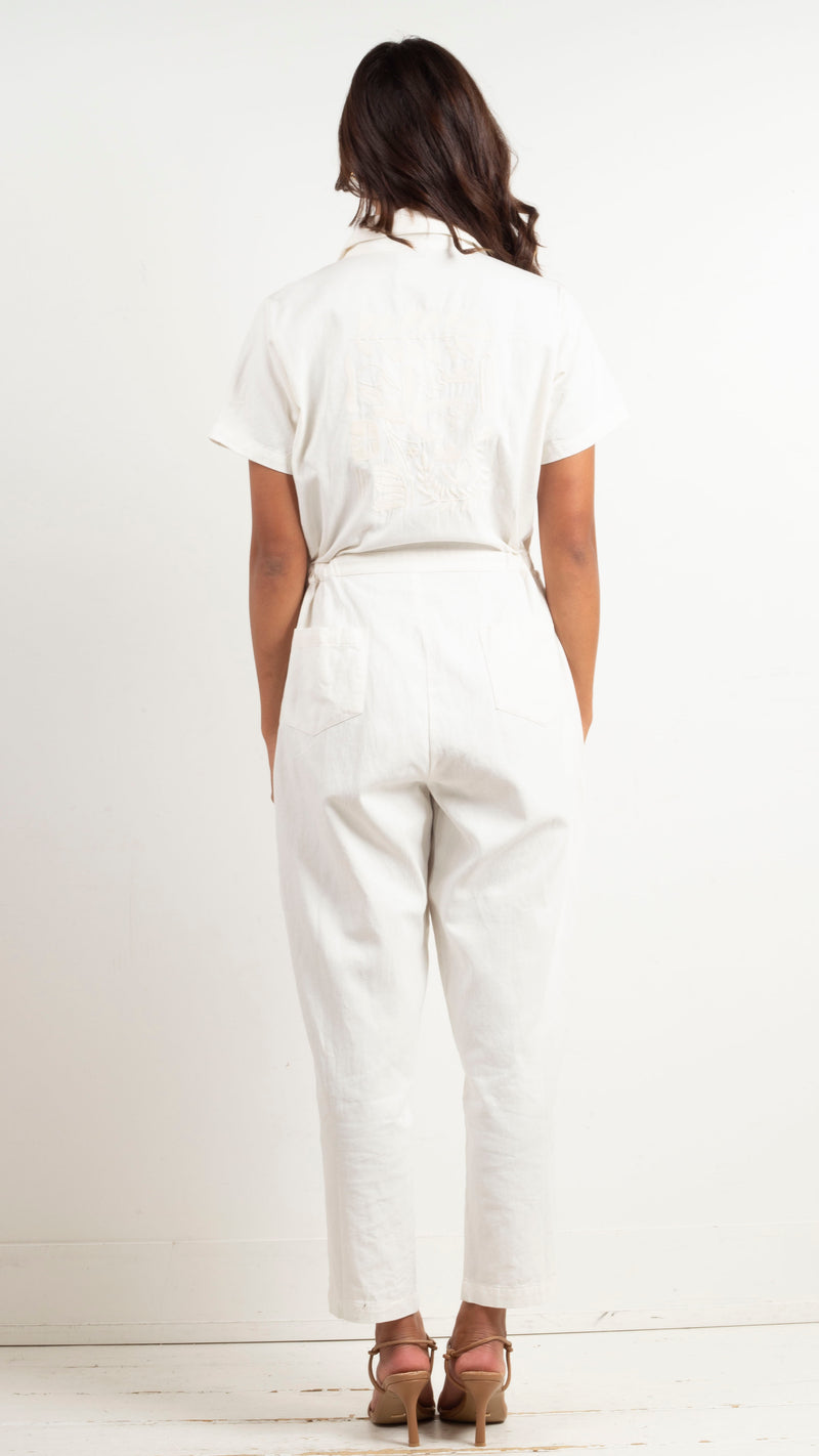 Daisy Embroidery Jumpsuit - White / Gauze