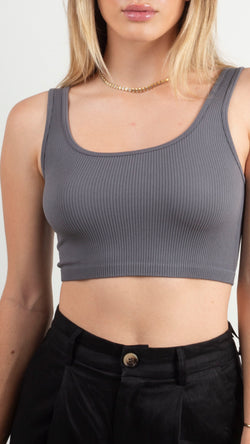 Ribbed Square Neck Crop Tank - Grey