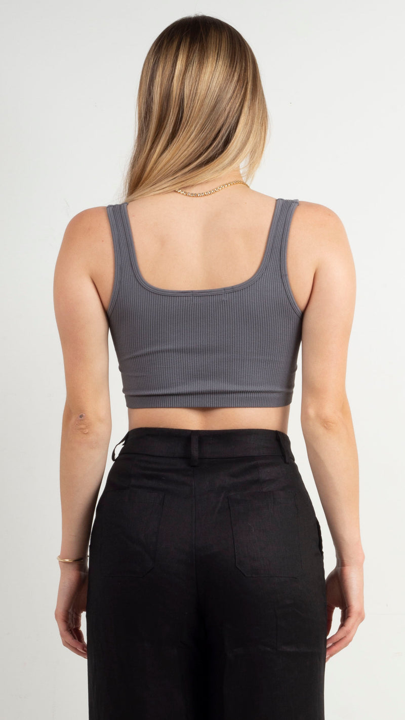 Ribbed Square Neck Crop Tank - Grey