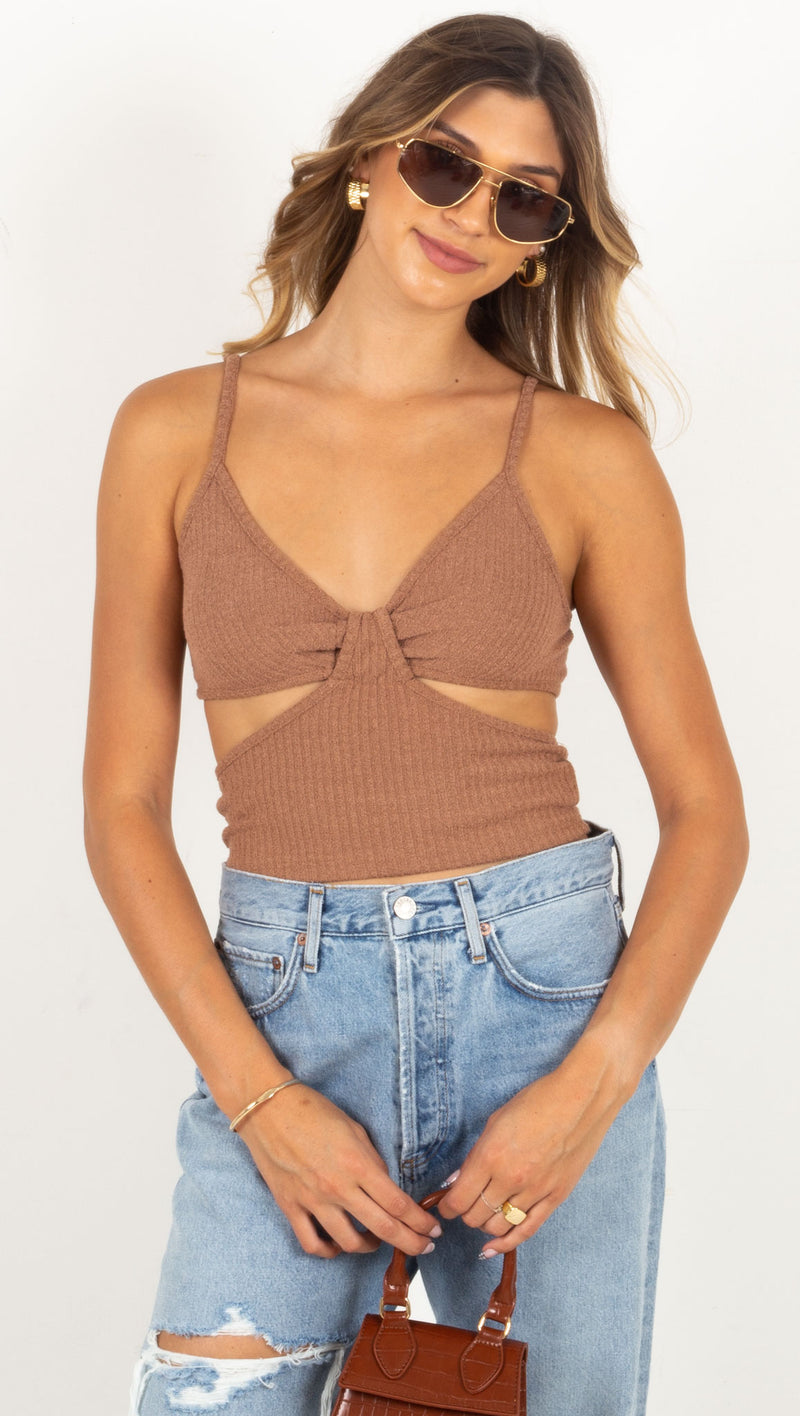 Malta Ribbed Cut Out Top - Brown
