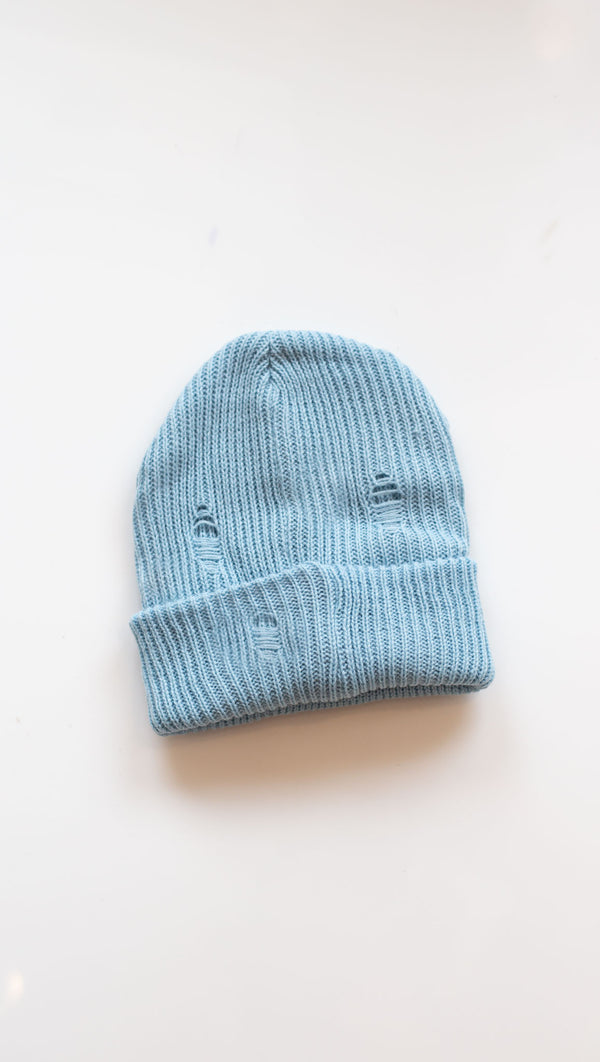 ribbed distressed knit beanie blue