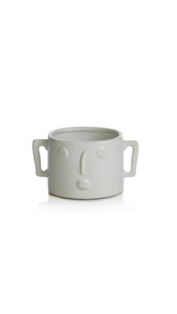 Zodax White Small Planter Vase With Modern Face and Side Handles