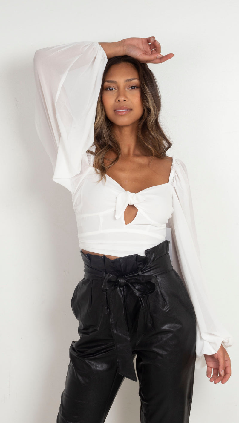 White Sheer Ruched Front Crop Top, Tops