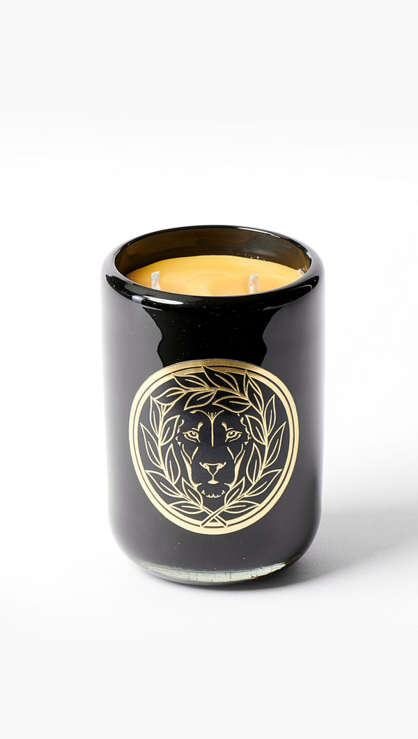 Leone 9 Ounce Beeswax Candle With Glass Jar and Gold Lion Graphic