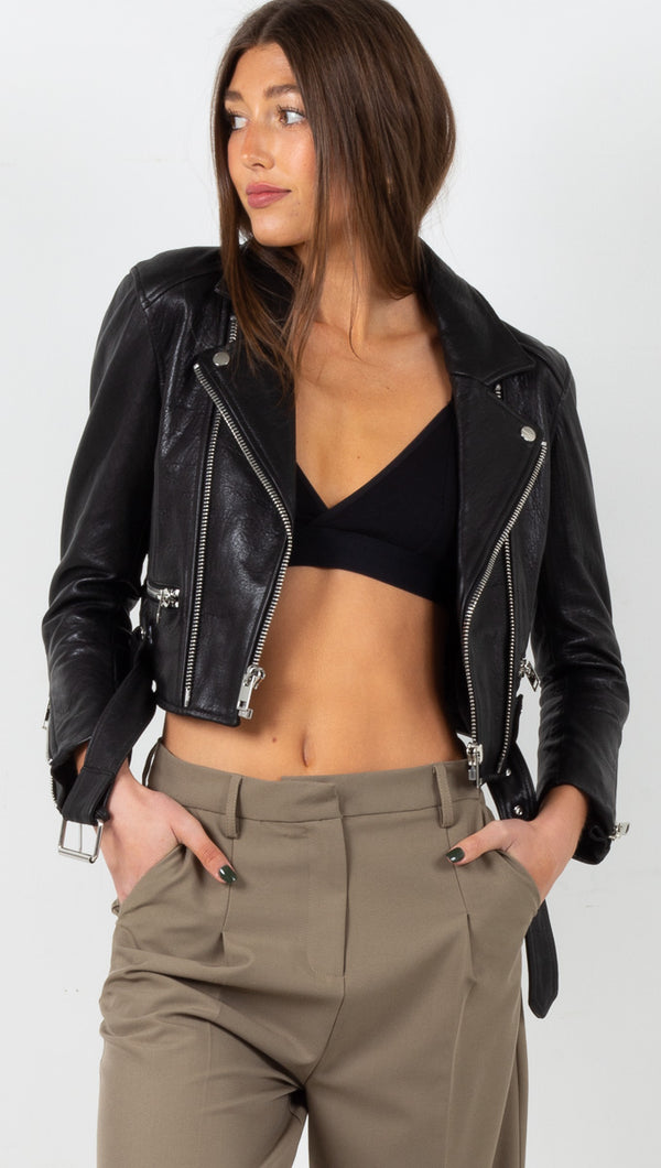 Iben Cropped Leather Jacket - Black
